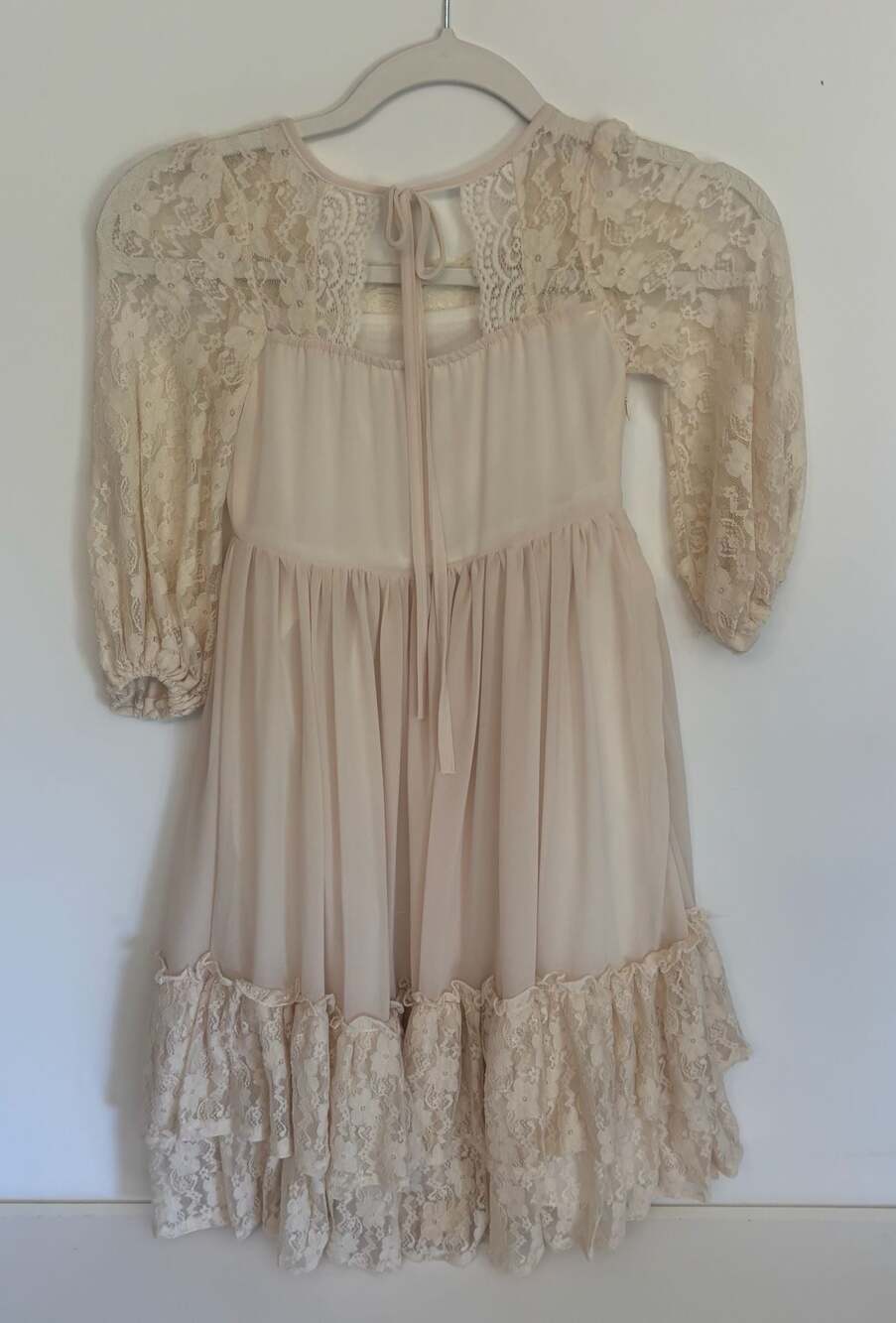 Girls Vintage-Style Cream Lace and Chiffon Tiered Dress with Tie Back